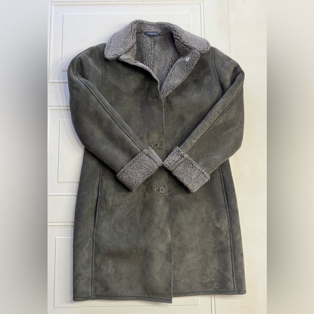 Lands End Women’s Sz Small Green Sherpa Lined Suede Feel Long Jacket Warm
